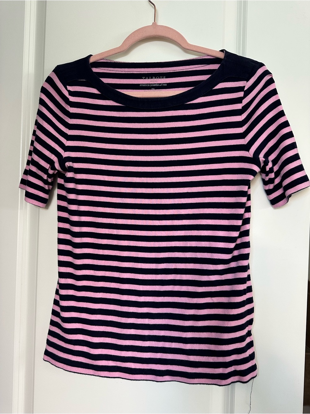 Talbots Navy and Pink Striped Short-Sleeve Crewneck Top